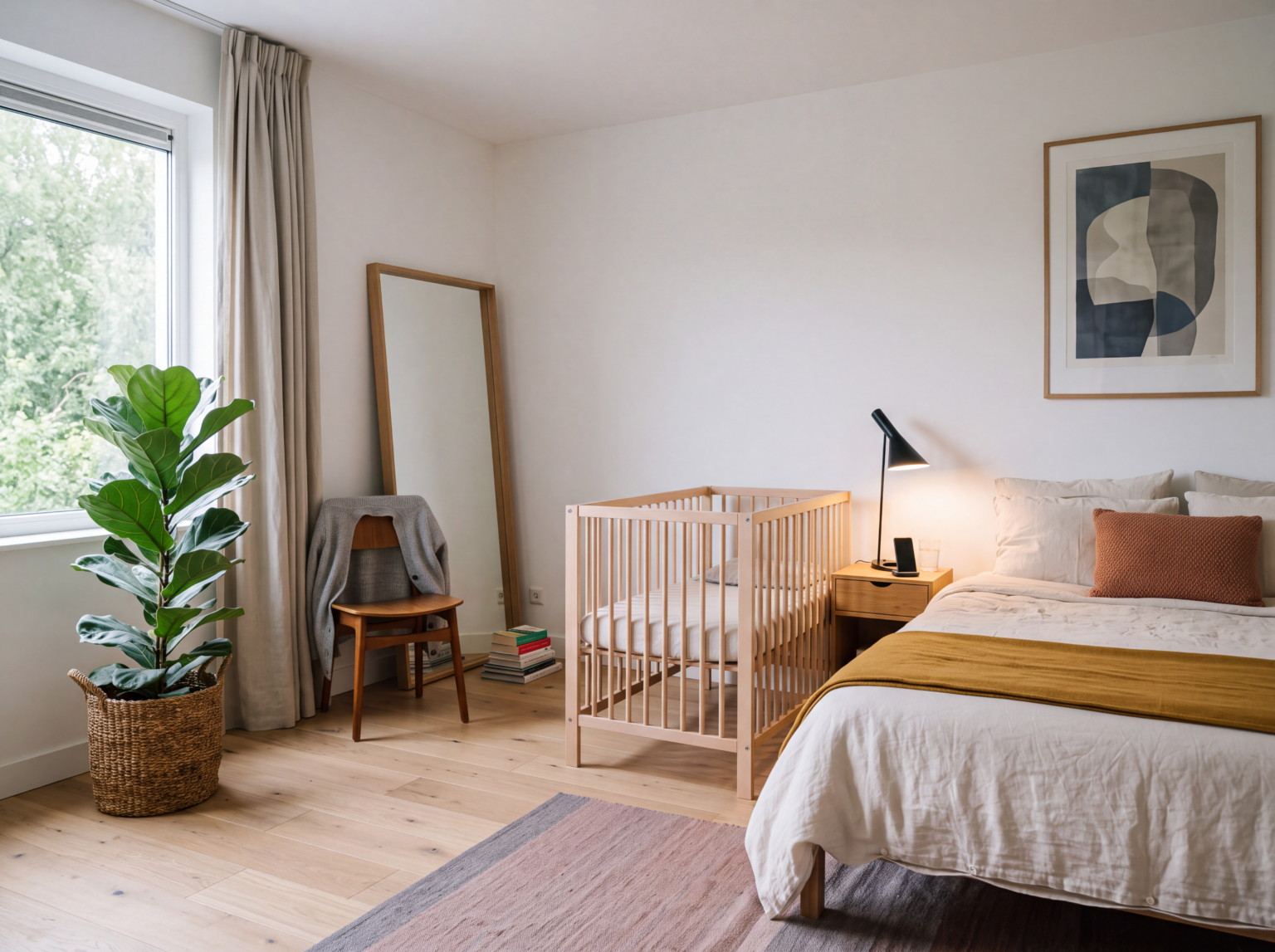 Een eigen kamer in het moeder-kindhuis, met een bed, een wiegje en daglicht