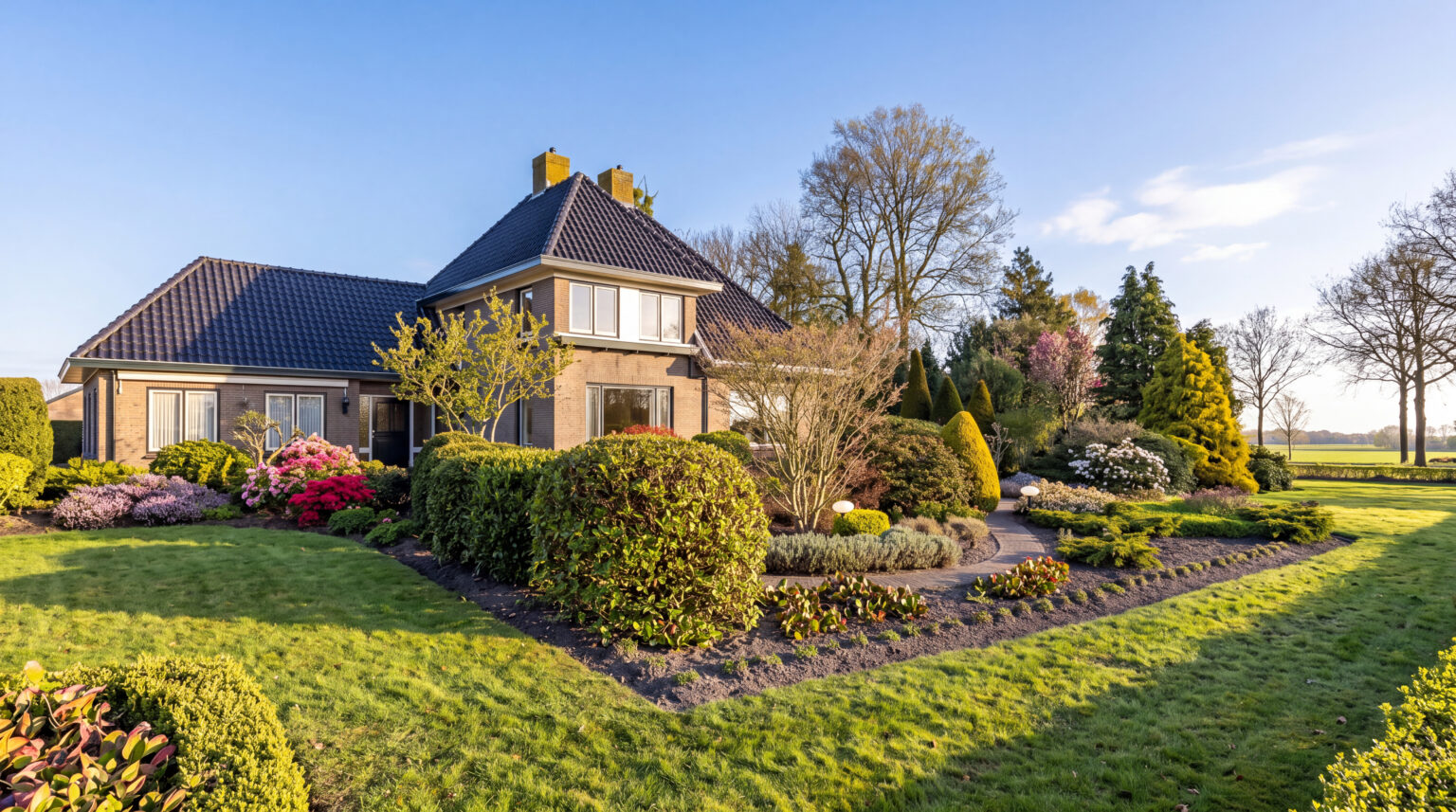 Het huis van Nona's in bloei, met de bloeiende voortuin ervoor