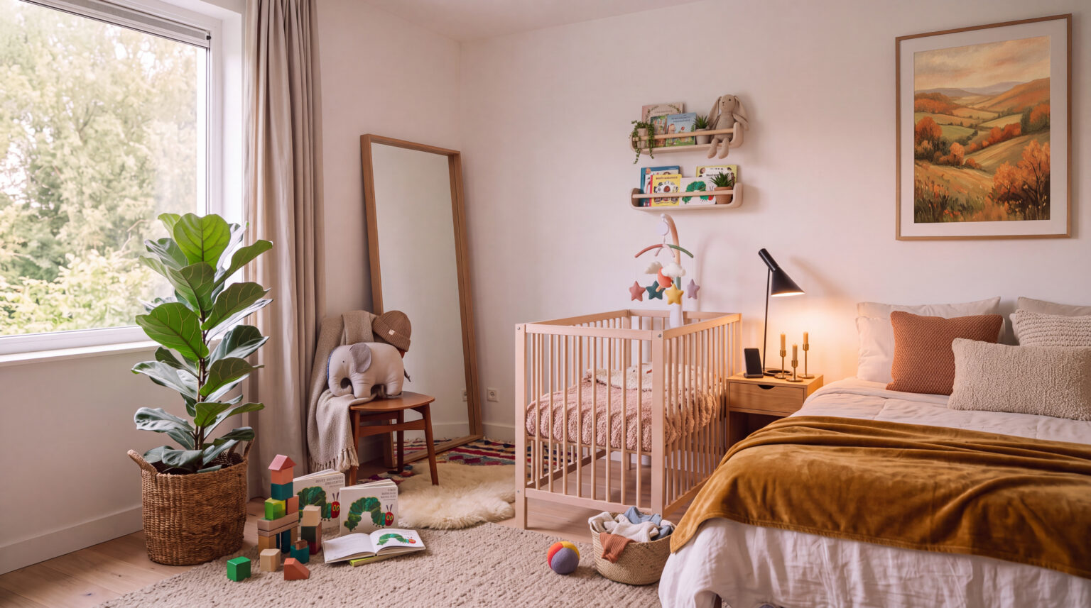 Een lichte kamer met een bed, een houten wiegje en boekjes en speelgoed bij het raam